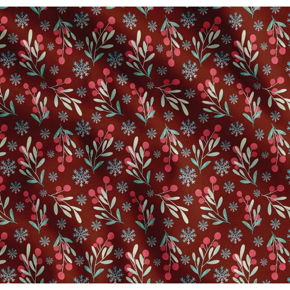 Soimoi Red Cotton Cambric Fabric Snowflake & Red Berries Fruits Print Fabric by Yard 56 Inch Wide