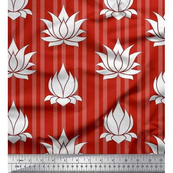Soimoi Red Cotton Cambric Fabric Stripe & Artistic Lotus Floral Printed Fabric 1 Yard 42 Inch Wide