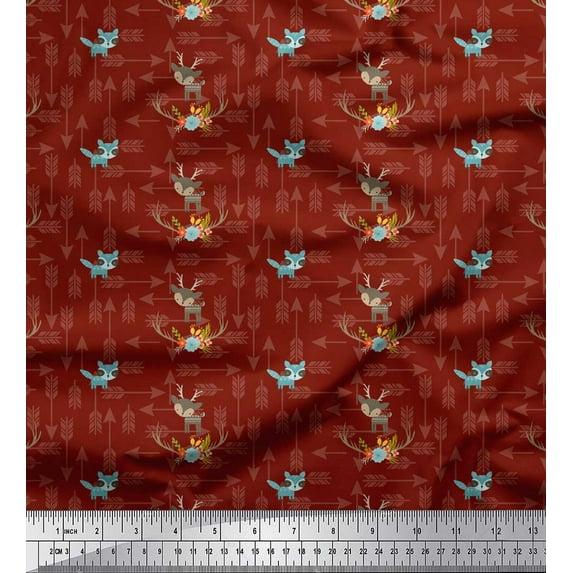 Soimoi Red Cotton Duck Fabric Arrow & Reindeer Kids Print Fabric by the Yard 44 Inch Wide