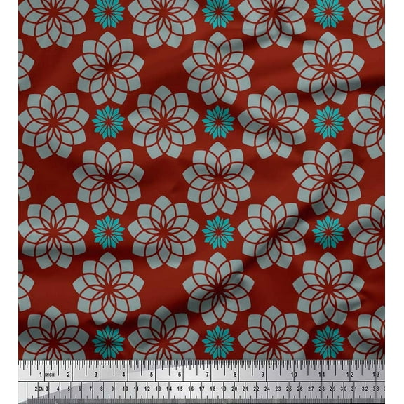 Soimoi Red Cotton Duck Fabric Artistic Flower Mandala Printed Fabric 1 Yard 42 Inch Wide