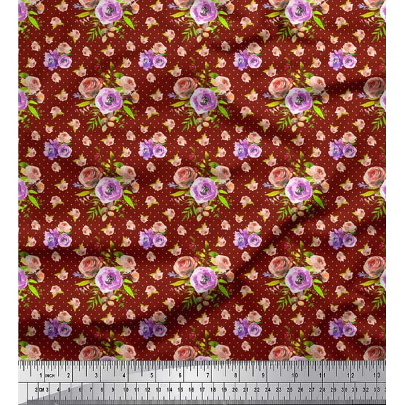 Soimoi Red Cotton Duck Fabric Blooming Camellias & Rose Floral Decor Fabric Printed Yard 44 Inch Wide