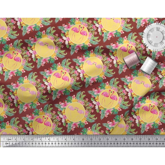 Soimoi Red Cotton Duck Fabric Flamingo & Bird Print Fabric by Yard 44 Inch Wide
