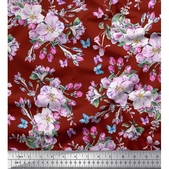 Soimoi Red Cotton Duck Fabric Insect,Leaves & Pink Floral Print Fabric by The Yard 42 Inch Wide