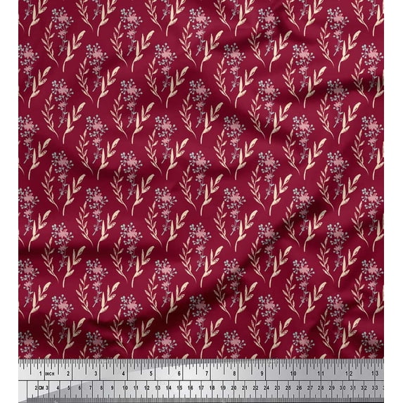 Soimoi Red Cotton Duck Fabric Leaf Floral Print Fabric by the Yard 42 Inch Wide