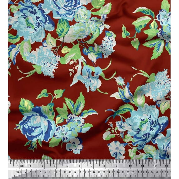 Soimoi Red Cotton Duck Fabric Leaves & Begonia Floral Printed Fabric 1 Yard 56 Inch Wide