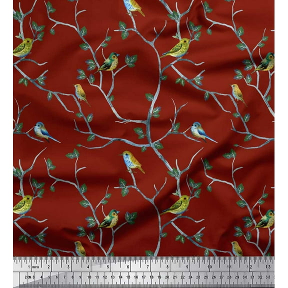 Soimoi Red Cotton Duck Fabric Leaves & Flycather Bird Printed Fabric 1 Yard 44 Inch Wide