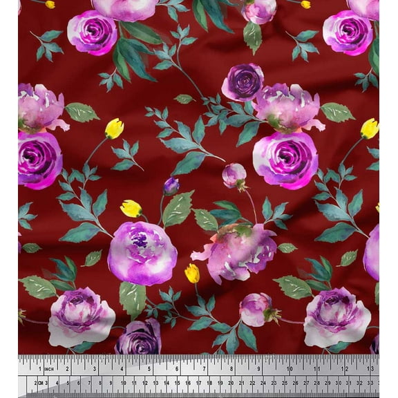 Soimoi Red Cotton Duck Fabric Leaves & Ranunculus Floral Print Fabric by Yard 42 Inch Wide