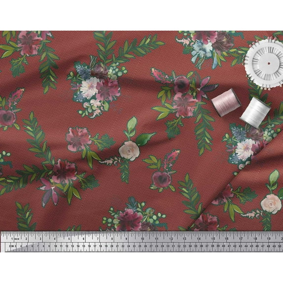 Soimoi Red Cotton Duck Fabric Leaves & Ranunculus Floral Print Fabric by Yard 44 Inch Wide