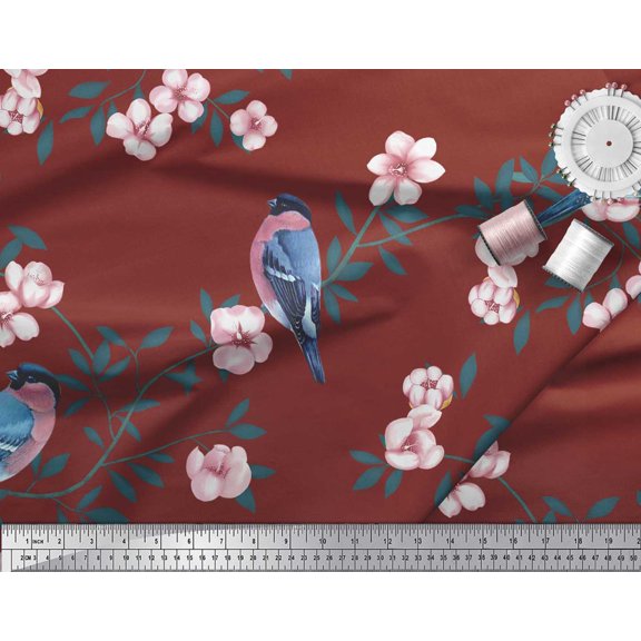 Soimoi Red Cotton Duck Fabric Peach Floral & American Robin Bird Print Fabric by Yard 44 Inch Wide
