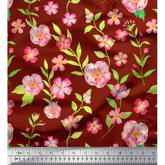 Soimoi Red Cotton Duck Fabric Periwinkle & Peony Floral Decor Fabric Printed Yard 56 Inch Wide