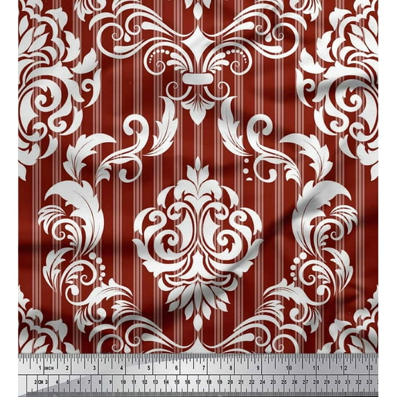 Soimoi Red Cotton Duck Fabric Stripe & Vector Design Damask Decor Fabric Printed Yard 42 Inch Wide