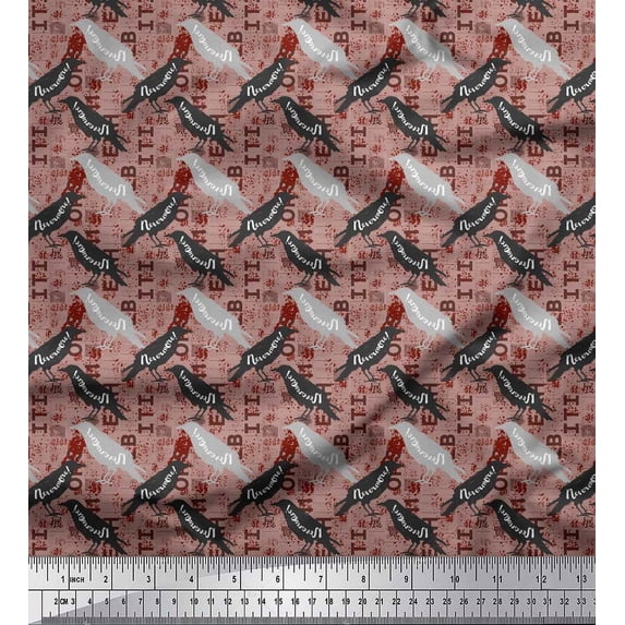 Soimoi Red Cotton Jersey Fabric Text & Crow Bird Print Fabric by the Yard 64 Inch Wide