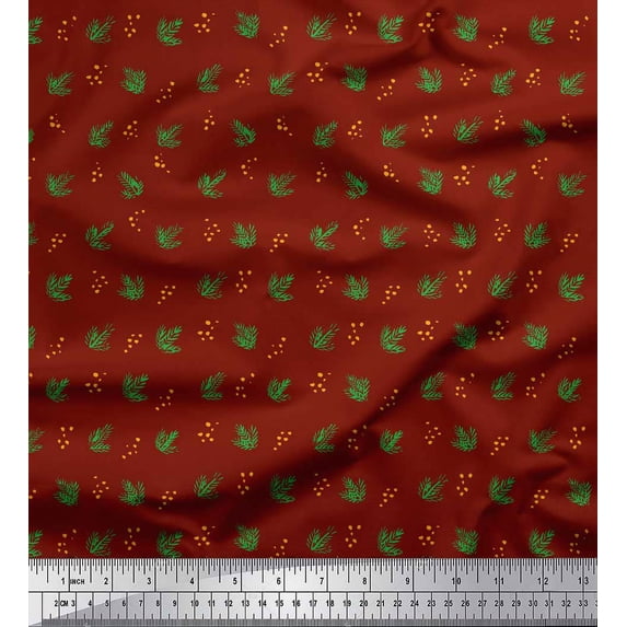 Soimoi Red Cotton Poplin Fabric Cedar Leaves Print Fabric by the Yard 56 Inch Wide
