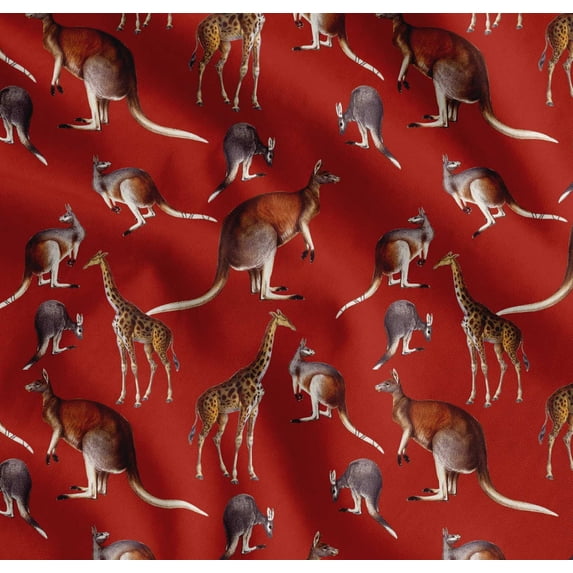 Soimoi Red Cotton Poplin Fabric Kangaroo & Giraffe Animal Printed Fabric 1 Yard 56 Inch Wide