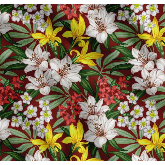Soimoi Red Cotton Poplin Fabric Leaves & Lily Floral Print Fabric by the Yard 56 Inch Wide