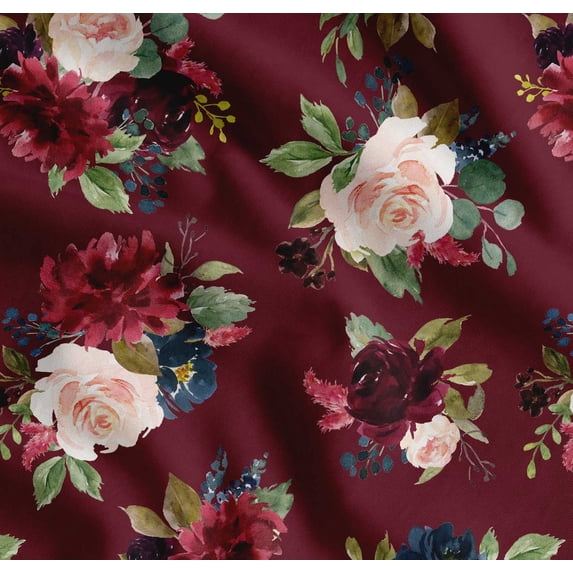 Soimoi Red Cotton Poplin Fabric Leaves & Peony Floral Print Sewing Fabric Yard 42 Inch Wide