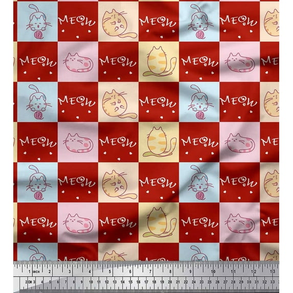 Soimoi Red Cotton Poplin Fabric Text & Cat Animal Printed Fabric 1 Yard 42 Inch Wide