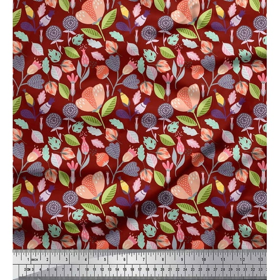 Soimoi Red Cotton Voile Fabric Leaves & Floral Clip Art Print Fabric by the Yard 42 Inch Wide