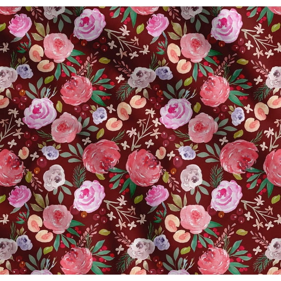 Soimoi Red Cotton Voile Fabric Leaves & Floral Watercolor Print Fabric by The Yard 56 Inch Wide