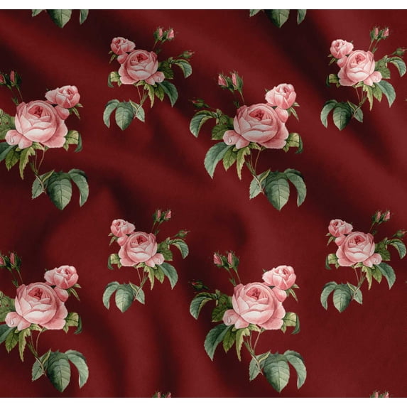 Soimoi Red Cotton Voile Fabric Leaves & Rose Floral Print Sewing Fabric Yard 56 Inch Wide