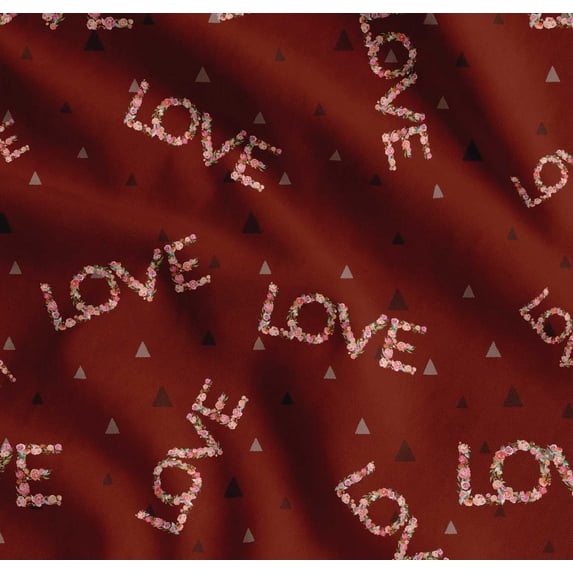 Soimoi Red Cotton Voile Fabric Triangle & Floral Love Text Printed Craft Fabric by the Yard 42 Inch Wide