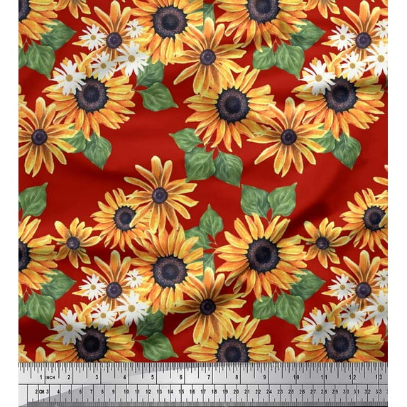 Soimoi Red Georgette Viscose Fabric Leaves & Sunflower Floral Print Fabric by the Yard 42 Inch Wide