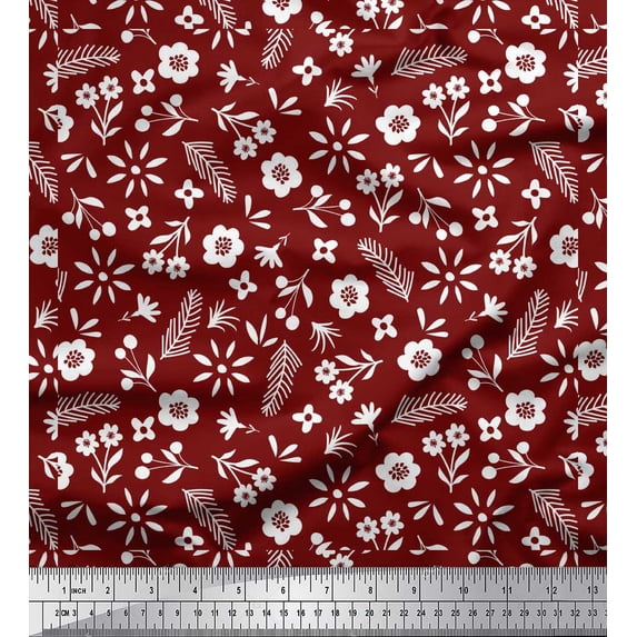 Soimoi Red Heavy Canvas Fabric Leaf Floral Print Sewing Fabric Yard 58 Inch Wide