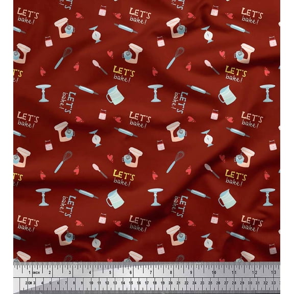 Soimoi Red Heavy Canvas Fabric Lets Bake Kitchen Print Fabric by Yard 58 Inch Wide