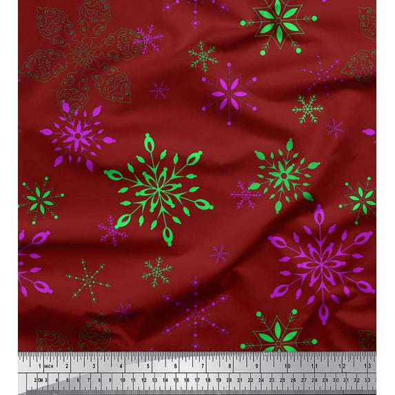 Soimoi Red Heavy Canvas Fabric Snow Flakes Floral Print Sewing Fabric Yard 58 Inch Wide