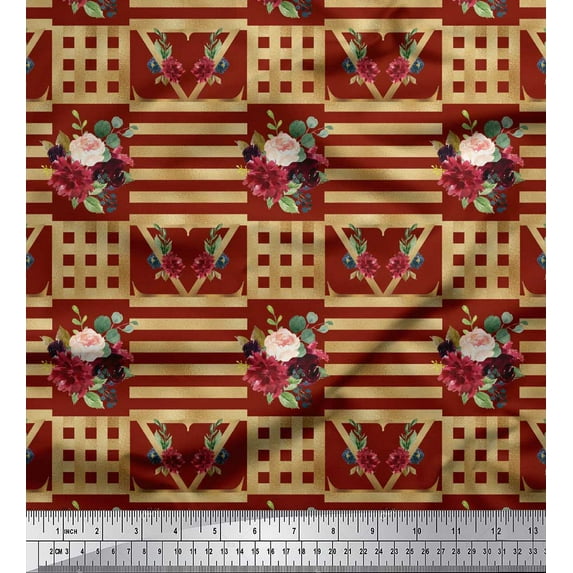 Soimoi Red Heavy Canvas Fabric Stripes & Baccara Rose Floral Print Print Fabric By the Yard 58 Inch Wide