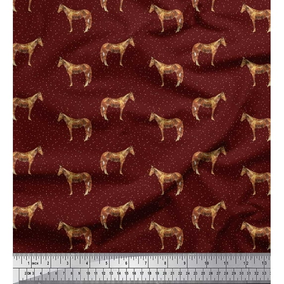 Soimoi Red Heavy Satin Fabric Horse & Dot Animal Print Sewing Fabric BTY 56 Inch Wide