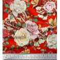 thumbnail image 1 of Soimoi Red Heavy Satin Fabric Leaves & Rose Floral Print Fabric by Yard 54 Inch Wide, 1 of 3