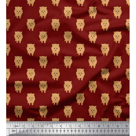Soimoi Red Heavy Satin Fabric Pomeranian Dog Fabric Prints By Yard 54 Inch Wide