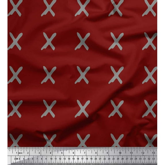 Soimoi Red Japan Crepe Satin Fabric Cross & Geometric Fabric Prints By Yard 42 Inch Wide