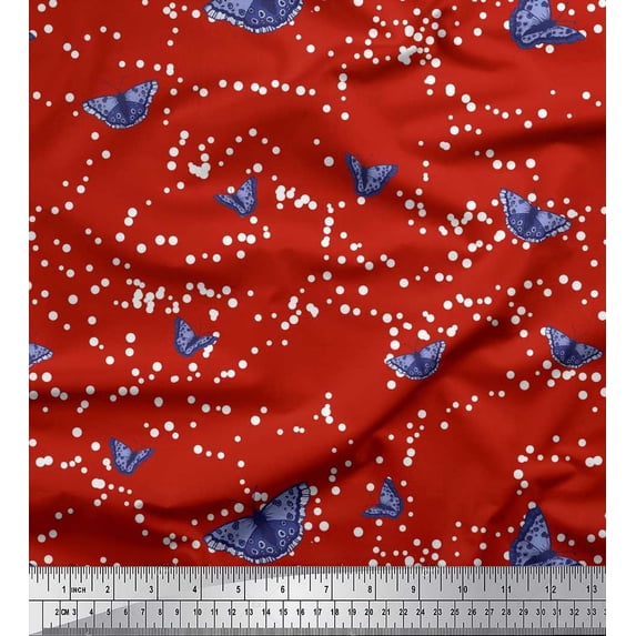 Soimoi Red Japan Crepe Satin Fabric Dot & Butterfly Print Fabric by the Yard 42 Inch Wide