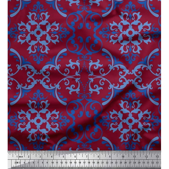 Soimoi Red Japan Crepe Satin Fabric Filigree Damask Fabric Prints By Yard 42 Inch Wide