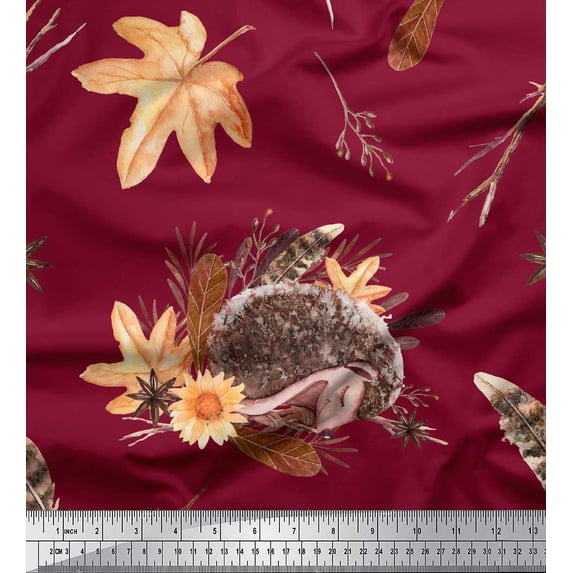 Soimoi Red Japan Crepe Satin Fabric Leaves & Hedgehog Animal Print Fabric by the Yard 42 Inch Wide