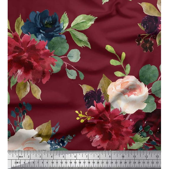 Soimoi Red Moss Georgette Fabric Leaves & Peony Floral Print Fabric by the Yard 42 Inch Wide