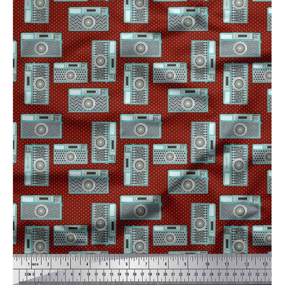 Soimoi Red Poly Georgette Fabric Camera & Dots Print Fabric by the Yard 42 Inch Wide