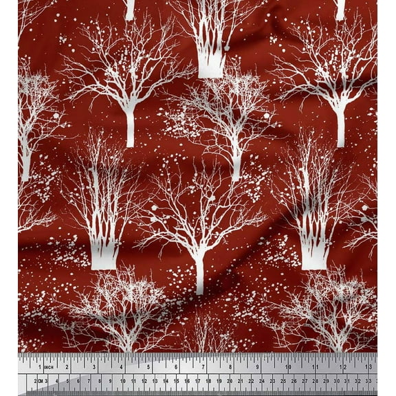 Soimoi Red Poly Georgette Fabric Dry Tree Decor Fabric Printed Yard 42 Inch Wide