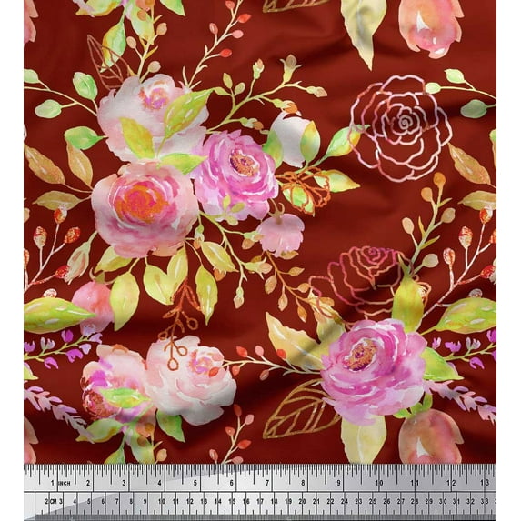 Soimoi Red Poly Georgette Fabric Flower & Leaves Watercolor Decor Fabric Printed Yard 52 Inch Wide