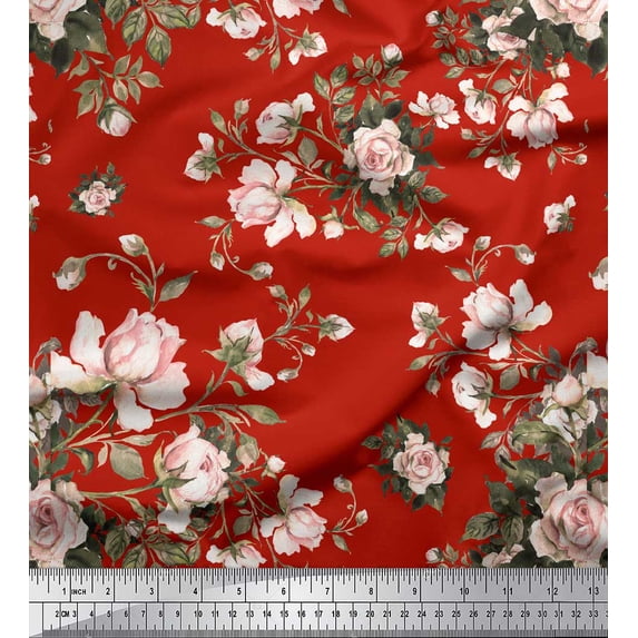 Soimoi Red Poly Georgette Fabric Leaves & Rose Floral Printed Craft Fabric by the Yard 42 Inch Wide