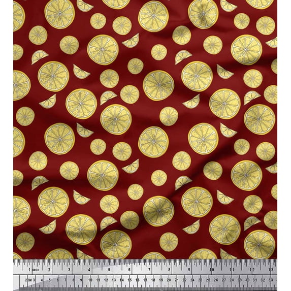 Soimoi Red Poly Georgette Fabric Lemon Slice Vegetable Print Fabric by Yard 42 Inch Wide