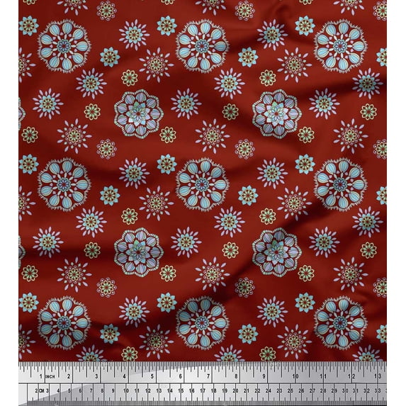 Soimoi Red Rayon Crepe Fabric Artistic Flower Mandala Decor Fabric Printed Yard 46 Inch Wide