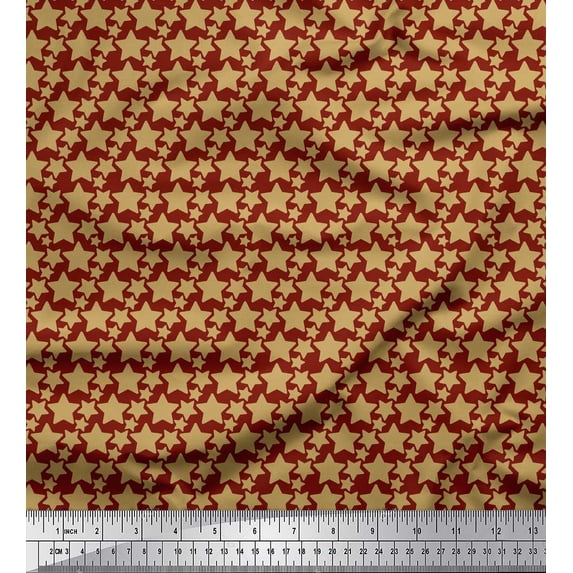 Soimoi Red Rayon Crepe Fabric Brown Star Printed Craft Fabric by the Yard 46 Inch Wide
