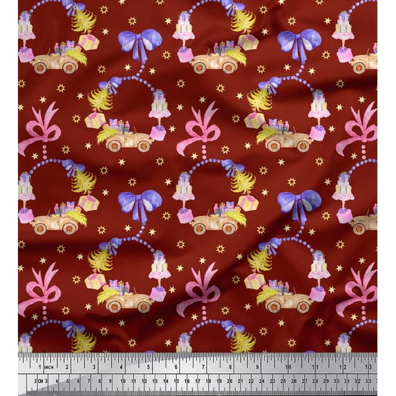 Soimoi Red Rayon Crepe Fabric Christmas Tree,Girl & Gift Box Party Print Fabric by Yard 46 Inch Wide
