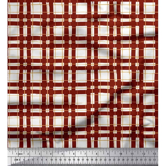 Soimoi Red Rayon Crepe Fabric Gingham Check Printed Craft Fabric by the Yard 46 Inch Wide