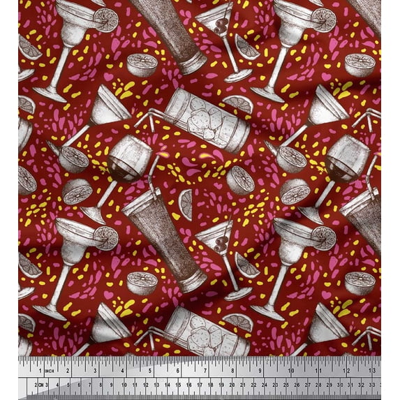 Soimoi Red Rayon Crepe Fabric Lemon Slice & Soft Drink Beverages Print Fabric by the Yard 46 Inch Wide