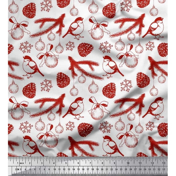 Soimoi Red Rayon Crepe Fabric Spruce Leaves & Baubles Christmas Print Sewing Fabric Yard 46 Inch Wide