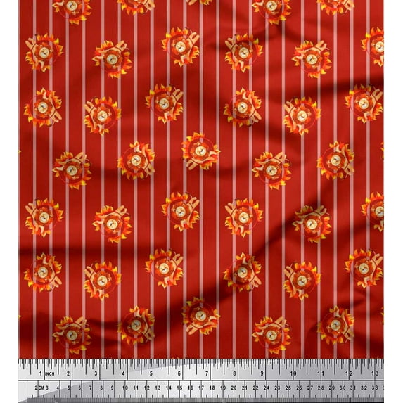 Soimoi Red Rayon Crepe Fabric Stripe,Fire Ring & Lion Cartoon Printed Craft Fabric by The Yard 46 Inch Wide